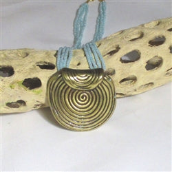 Aqua Multi-strand Necklace with Gold Spiral Disc Pendant - VP's Jewelry