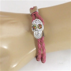 Dusty Pink Leather Cord Bracelet with Sparkly Skull - VP's Jewelry