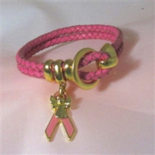 Pink Awareness Leather Braided Bracelet Gold Angel Charm - VP's Jewelry