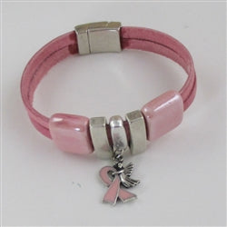 Pink Awareness Leather Bracelet Angel Charm - VP's Jewelry