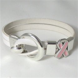 Pink Awareness Ribbon Flat White Leather Bracelet - VP's Jewelry
