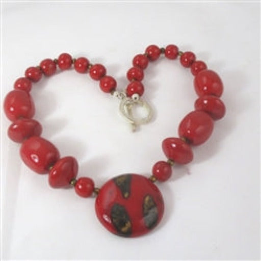 Bold Bright Red Beaded Pendant Necklace Fair Trade Kazuri Bead - VP's Jewelry