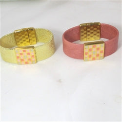 Gold or Salmon Leather Cuff Bracelet Gold Accents - VP's Jewelry