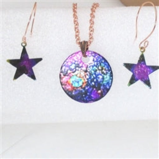 Tie Dye Purple Patina Copper Pendant Necklace & Star Earrings - VP's Jewelry