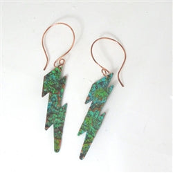 Copper Lighting Bolt Earrings Hand Finished Rainbow Patine - VP's Jewelry