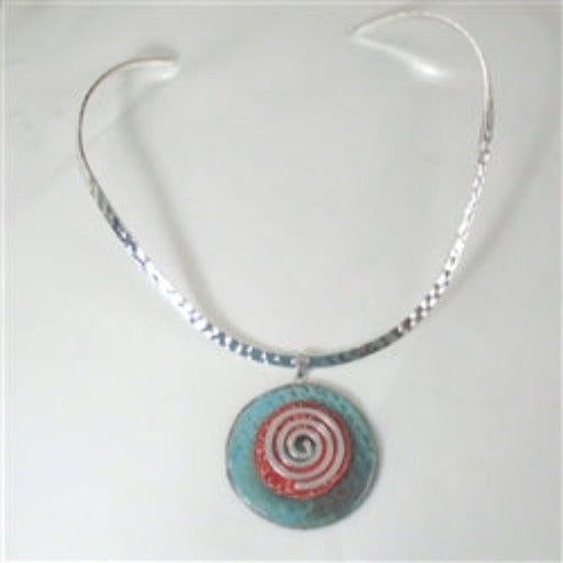 Choker Handmade Aqua & Coral Raku Pendant Spiral Bail Silver Neck Wire - VP's Jewelry