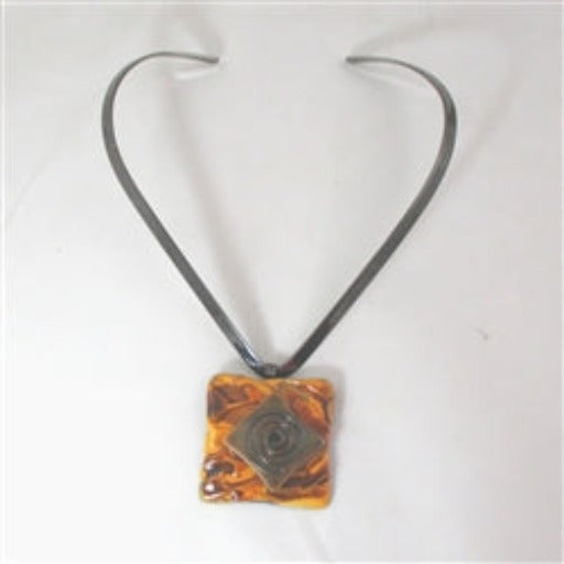 Gunmetal Choker with Handmade Orange Wash Raku Glazed Pendant - VP's Jewelry