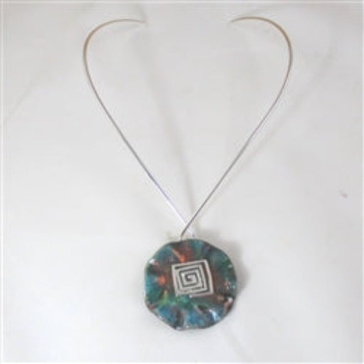 Choker with Bold Handmade Turqoise Copper Round Pendant Raku Glazed - VP's Jewelry