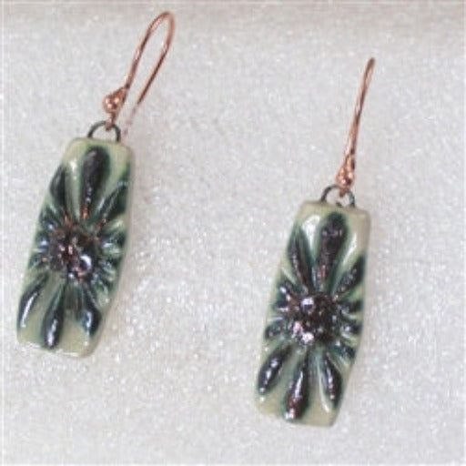 Crean with Green & Purle Flower Raku Artisan Handmade Earrings - VP's Jewelry  