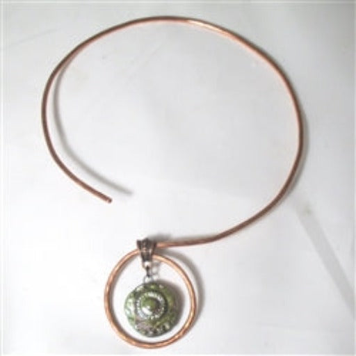 Copper Neck Wire Necklace with Green Raku GLazed Pendant - VP's Jewelry