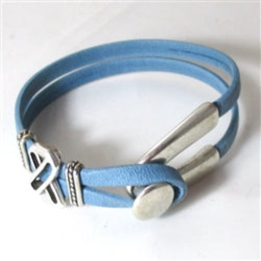 Lght Blue Awareness Leather Cord Bracelet Wishbone Design - VP's Jewelry