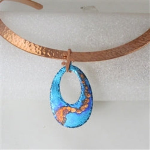 Designer Copper Neck Wire Choker with Handmade Blue Patina Pendant - VP's Jewelry