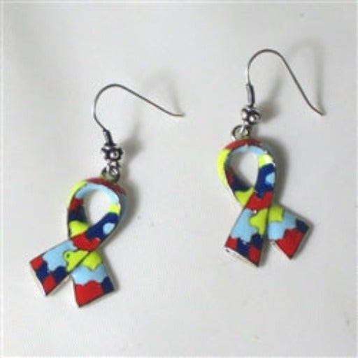 Multi-colored Puzzle Awareness Ribbon Charm Earrings