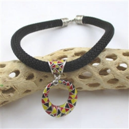 Black Cotton Cord  Necklace with Red, Black & Yellow Pendant