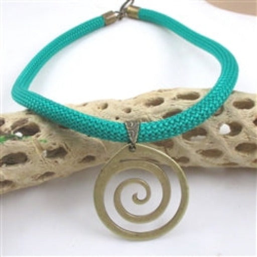 Green Cotton Climbing Cord Necklace with Antique Brass Pendant - VP's Jewelry