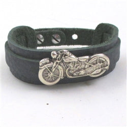 Unisex dark blue leather cuff bracelet with motorcycle accent