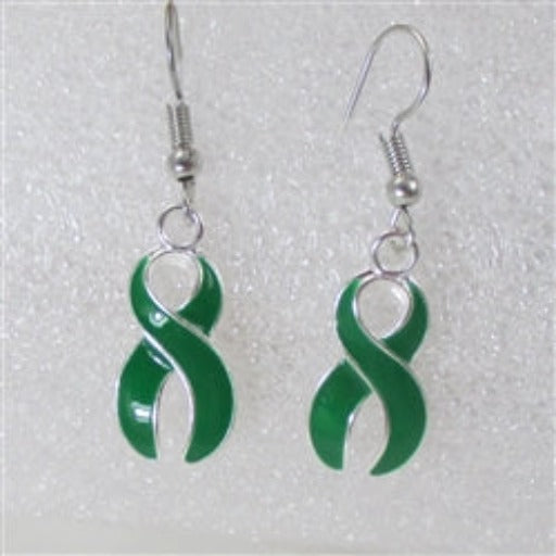 Awareness earring in emerald green ribbon charms