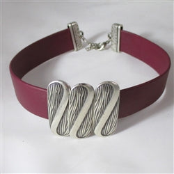 Burgundy Soft Supple Leather Choker Necklace Wide with Silver Accent