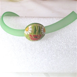 Lt. Green Ribbon Choker Necklace Handmade Floral Bead Accent - VP's Jewelry