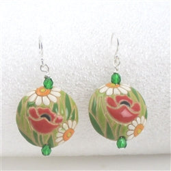 Handmade Green & Red Poppy Ceramic Earrings Golem - VP's Jewelry