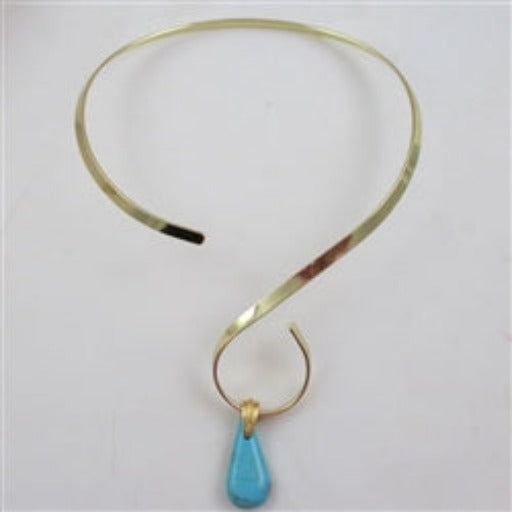 Buy handcur Kingman teardrop turquoise pendant on a gold  flat wire choker
