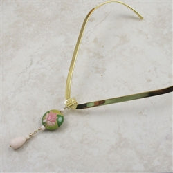 Pink & Green Lotus Flower Handmade Pendant on V-curved Gold Choker - VP's Jewelry