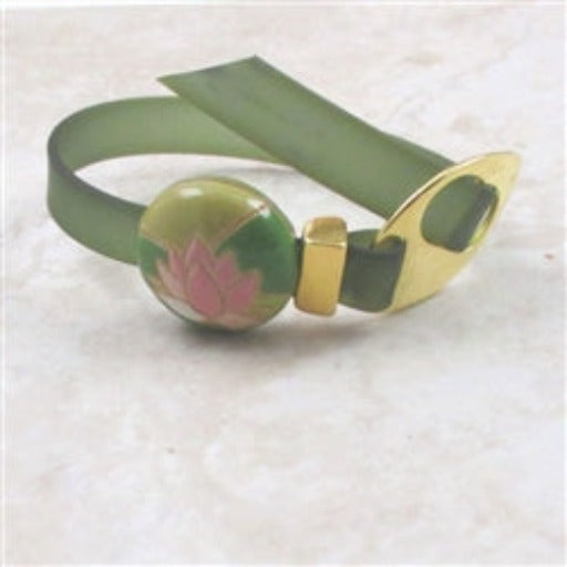 Olive Green Jelly Band Buckle Bracelet Pink Lotus Flower Accent - VP's Jewelry