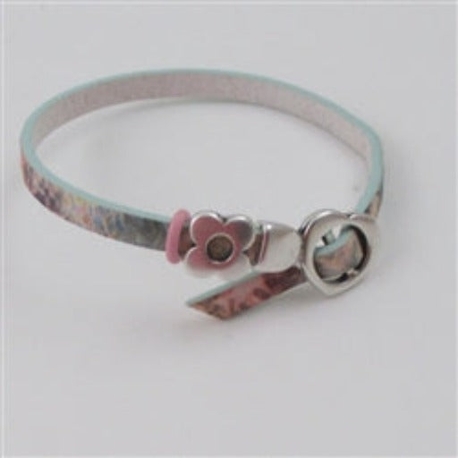 Pink & Aqua Girl's Leather Bracelet with Heart & Flower Accents - VP's Jewelry