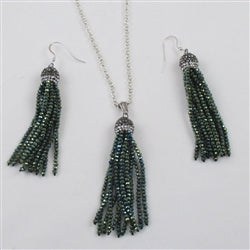 Green Crystal Tassel Pendant Necklace & Earrings - VP's Jewelry