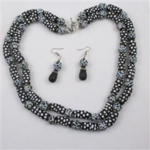 Black & White Handmade African Trade Bead Necklace & Earrings - VP's Jewelry