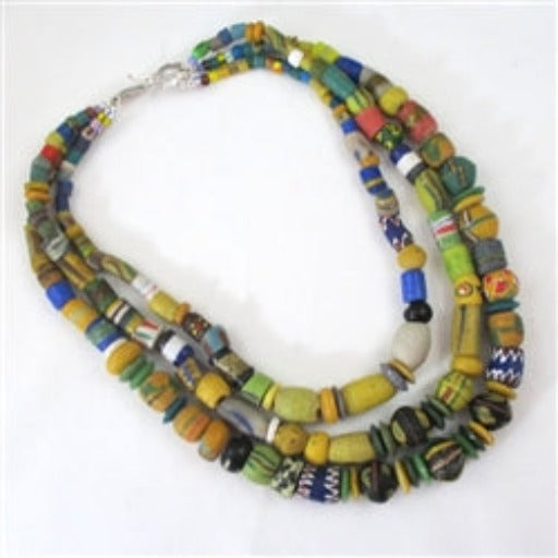 Handmade African Trade Krobo Bead Necklace Triple Strand - VP's Jewelry