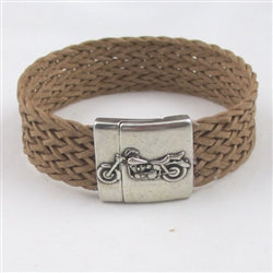 Handcrafted Men's Tan Braided Leather Bracelet Motor Cycle Motif - VP's Jewelry