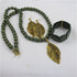 Green Wooden Beaded Necklace Bracelet & Gold Leaf Earrings - VP's Jewelry