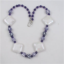 Big Bold Statement Kazuri Necklace White & Purple - VP's Jewelry  