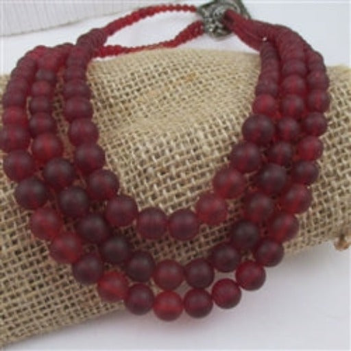 Classic Ruby Red Sea Glass Triple Strand Necklace - VP's Jewelry