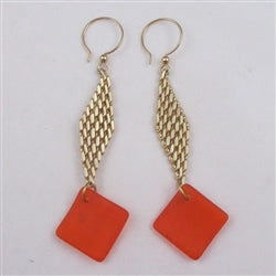 Gold Mesh Orange Sea Glass Drop Earrings