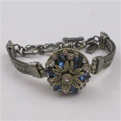 Blue Crystal & Rhinestone Antique Gold Bangle Bracelet - VP's Jewelry