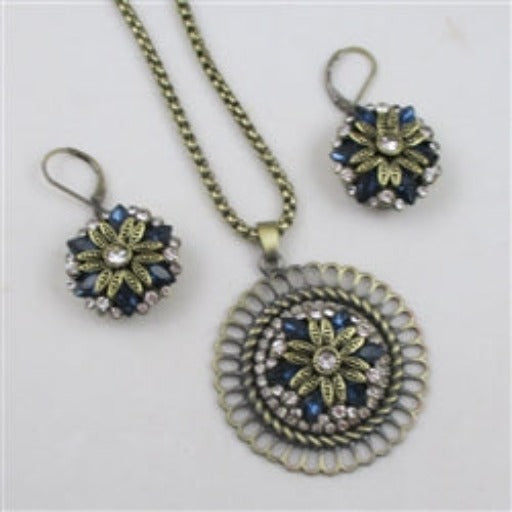 Antique Gold & Blue Crystal & Rhinestone Pendant Necklace and Earrings - VP's Jewelry