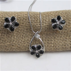 Black Crystal & Silver Flower Pendant Necklace and Earrings - VP's Jewelry