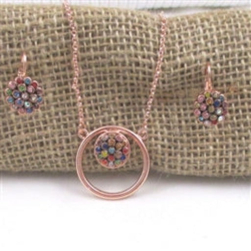 Multi-colored Rhinestone & Rose Gold Pendant Necklace & Earrings - VP's Jewelry
