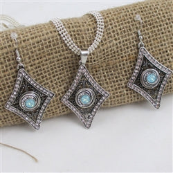 Aqua Crystal Rhinestone & Silver Pendant Necklace & Earrings - VP's Jewelry