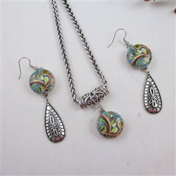 Multi-colored Swirled & Silver Pendant Necklace and Earrings - VP's Jewelry