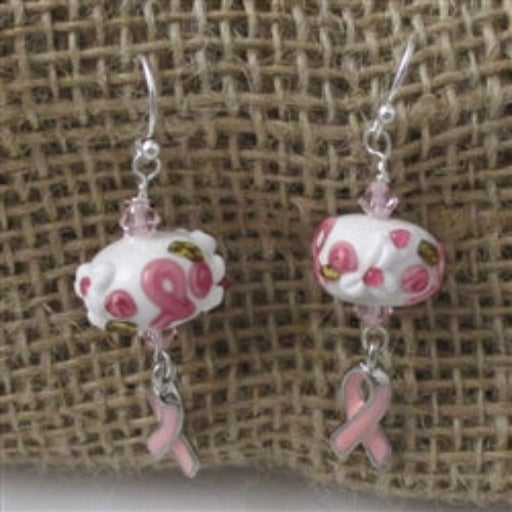Buy handmade pink awareness bead & pink ribbon earrings