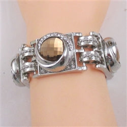 Brown Crystal, Rhinestone & Silver Linked Cuff Bracelet - VP's Jewelry