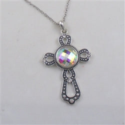 A/B Crystal  & Silver Cross Pendant Necklace