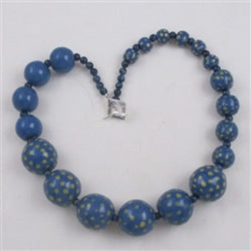 Blue & Yellow Beaded Necklace Handmade Kazuri Beads - VP's Jewelry