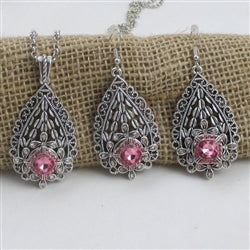 Silver Teardrop with Pink Crystal Pendant Necklace & Earrings - VP's Jewelry