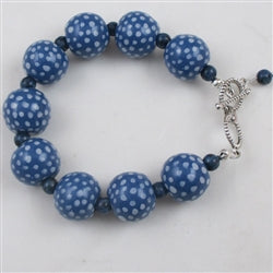 Blue with White Dots Fair Trade Kazuri Large Bead Bracelet - VP's Jewelry  