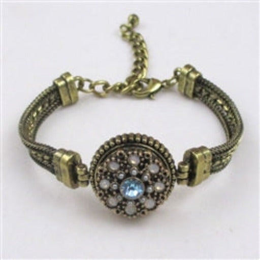 Aqua & White Crystals on Antique Gold Bangle Bracelet - VP's Jewelry