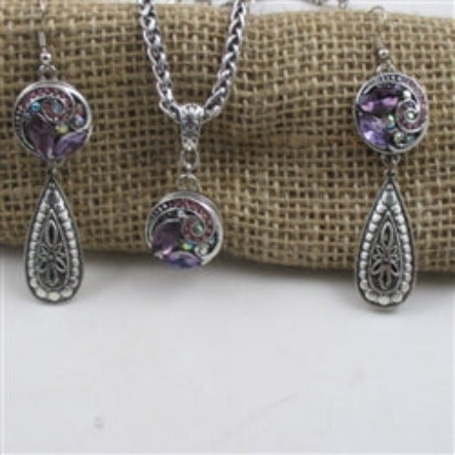 Multi-stone Purple Crystal & Rhinestone Pendant Necklace and Earrings - VP's Jewelry